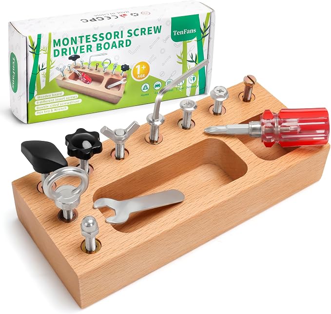 TenFans Montessori Busy Board for Toddlers 3-5 Years, Wooden Screwdriver Activity Board, Fine Motor Skills & Sensory Development Toy, Preschool Learning & Travel​​ by TenFans