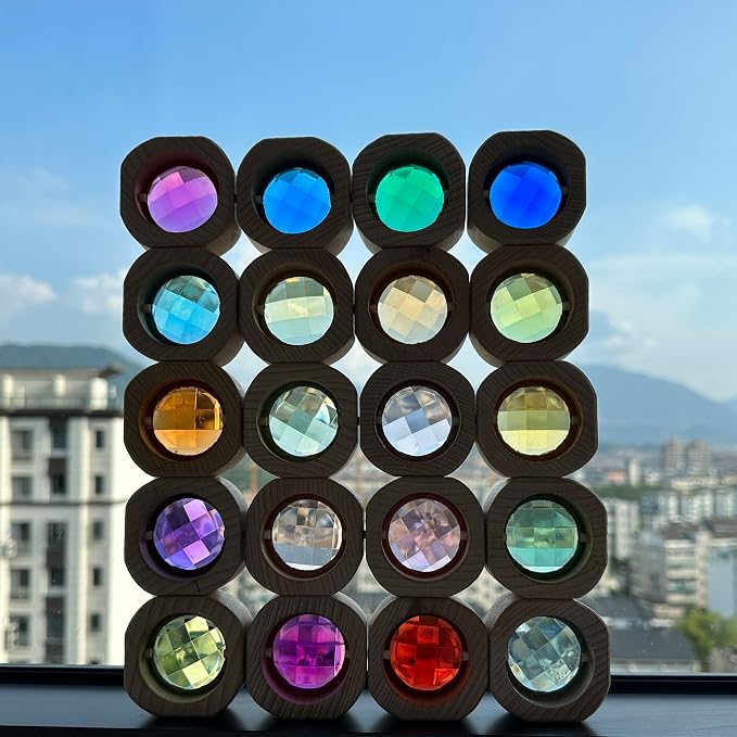 20PCS Wooden Gem Blocks Stacking Toys,Colorful Acrylic Windows Blocks, Rainbow Crystal Acrylic Building Cubes Educational Sensory Training Crystal Toys (20PCS Round Gem Blocks) - Image 5