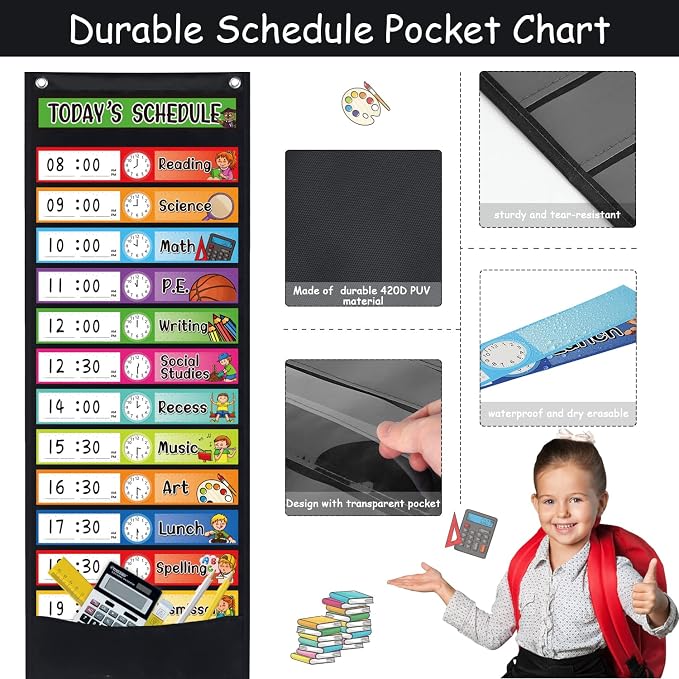Daily Schedule Pocket Chart Kit,40 Bright Attractive Double-Sided Reusable Erasable Cards,1 Title Card,13+1 Scheduling Pocket Chart with 2 Hangers for Classroom Office Home Preschool Learning (Black) - Image 3