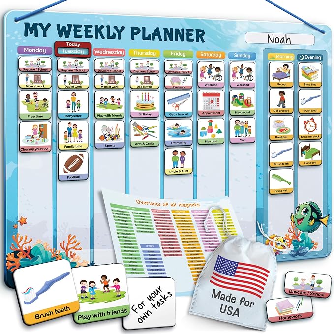 LIKARTO Visual Schedule for Kids - 2-in-1 Weekly + Daily Schedule - Magnetic Schedule with 188 Magnets and Magnetic Backing - Chore Chart Kids - Routine Chart for Toddlers, Autism, ADHD - Blue by Unknown