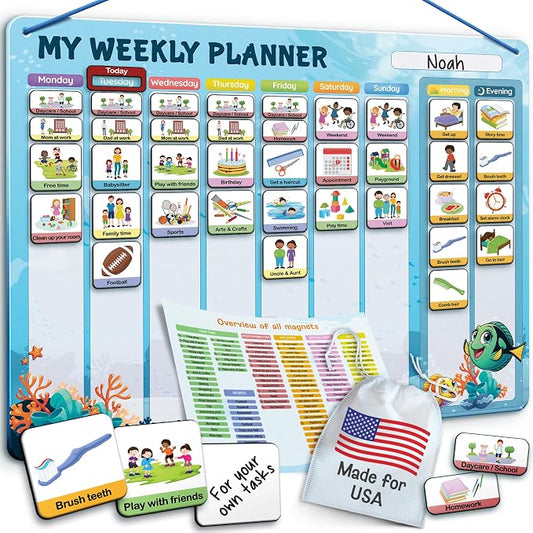 LIKARTO Visual Schedule for Kids - 2-in-1 Weekly + Daily Schedule - Magnetic Schedule with 188 Magnets and Magnetic Backing - Chore Chart Kids - Routine Chart for Toddlers, Autism, ADHD - Blue by Unknown