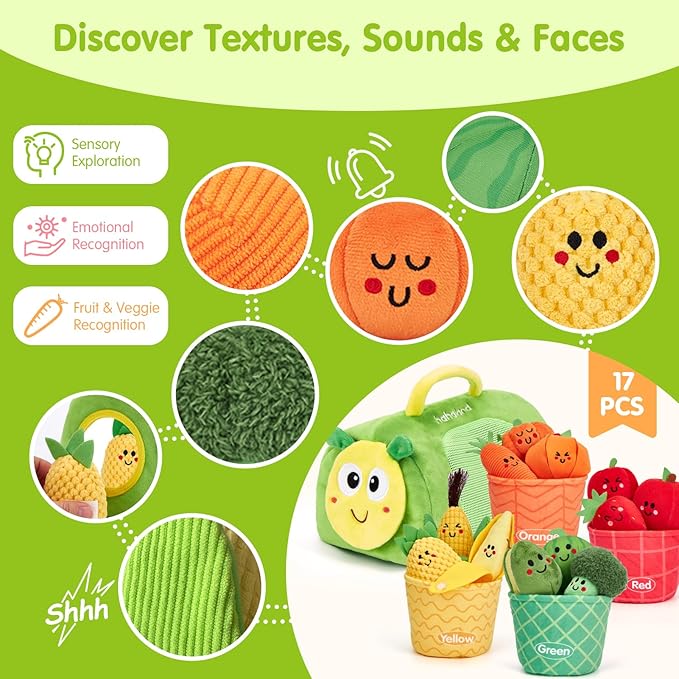 hahaland Montessori Toys for 1 Year Old - Color Sorting Fruits & Veggies Sensory Baby Toys 6-12 Months, 17 PCS Plush Play Food with Caterpillar Storage Bag, Baby Stocking Stuffers First Learning Gifts