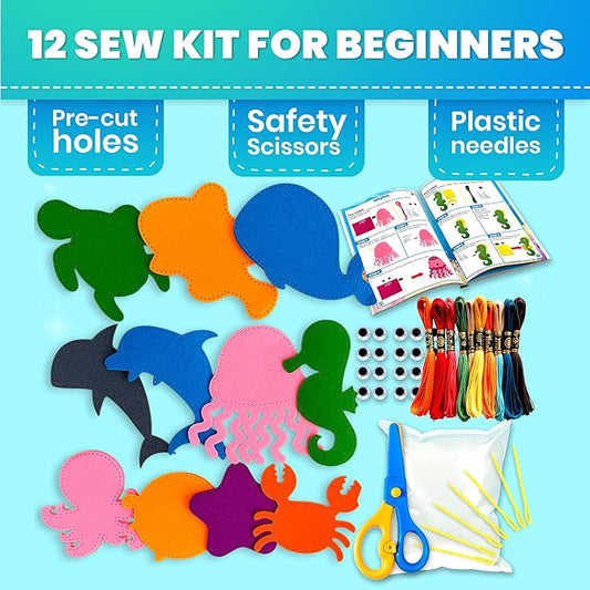 QUOKKA Kids Crafts Ages 4-8, DIY Beginner Needle and Thread Kit - 12 Sea Animals Sewing Kit Basic - Fun Arts Crafts for Kids Ages 6-8 Girls Boys - Plastic Needles, Scissors - 6+ Year Old Girl Gifts