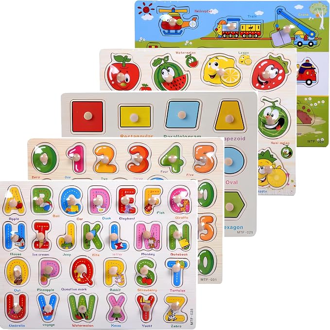 Montessori Alphabet, Number, Shape, Fruit & Vehicle Wooden Puzzle Set – 5‑in‑1 Learning Toy for Toddlers by Unknown