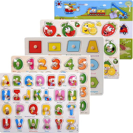Montessori Alphabet, Number, Shape, Fruit & Vehicle Wooden Puzzle Set – 5‑in‑1 Learning Toy for Toddlers by Unknown