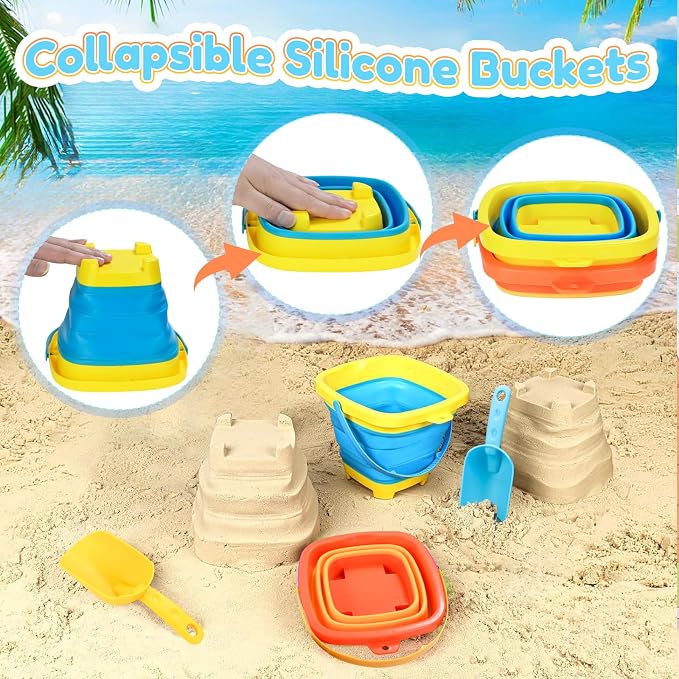 Beach Sand Toys with 2-Pack Collapsible Buckets & Shovels for Kids - Image 4