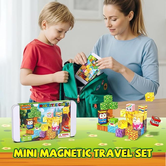Magnetic Blocks, Mini Magnetic Blocks Building Toys with Travel Case 45PCS, STEM Educational Construction Building Cubes for Kids Ages 3+, Classroom Learning Sensory Toys Gift for Toddlers Boys Girls