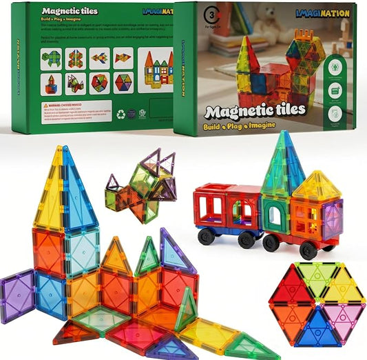 IMAGINATION 100 Piece Translucent Magnetic Tiles Set - 3D Magnet Building Blocks for Kids Ages 3-12 - STEM Educational Toy & Preschool Stacking Set by ImagiNation