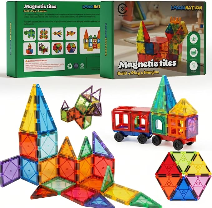 IMAGINATION Magnetic Building Tiles Set, 55 Pieces – Colorful Magnetic Blocks for Kids, STEM Learning Toy Set for 3+ Year Old Boys & Girls by ImagiNation