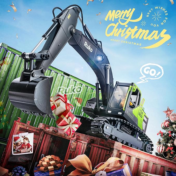 Ruko 1661 Remote Control Excavator Toys for Boys, 2.4Ghz RC Construction Vehicles with Metal Shovel & Simulated Lights Gift for Kids