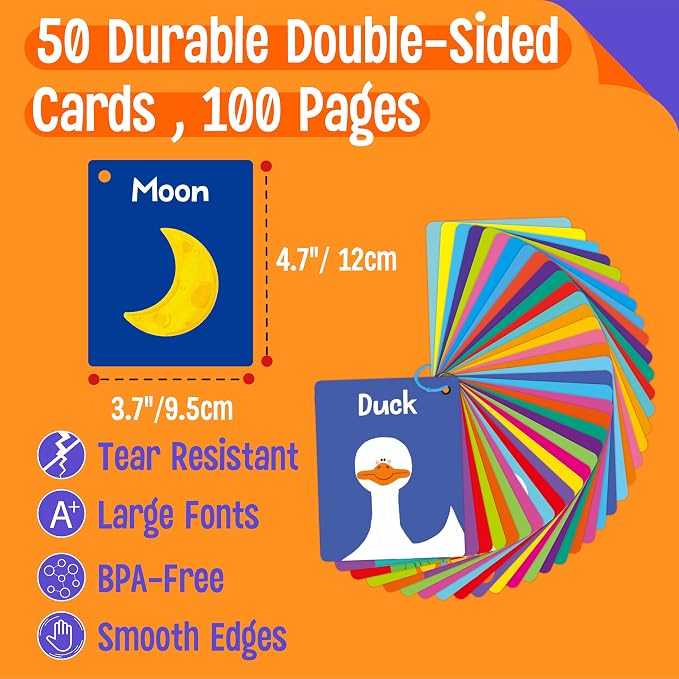 50 PCS First Word Flashcards, Double Sided Learning Cards Alphabet, Foods, Animals, Shapes, Colors, Vehicle, Body Parts with 2 Reclosable Rings, Learning Tool for Pre-K Kindergarten Toddlers - Image 2