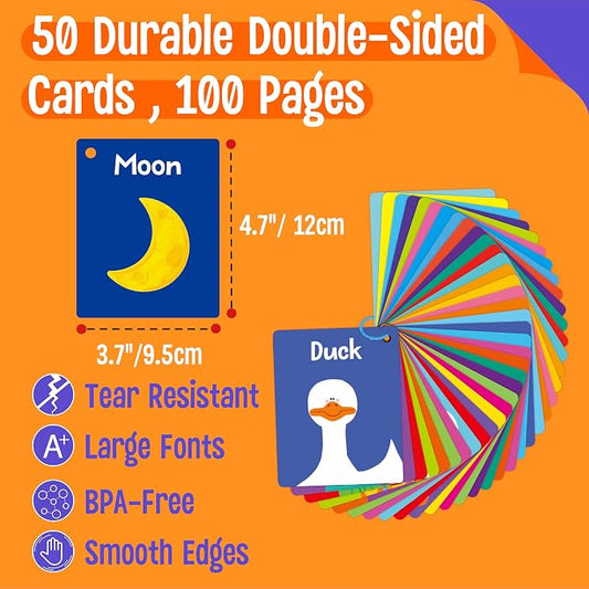 50 PCS First Word Flashcards, Double Sided Learning Cards Alphabet, Foods, Animals, Shapes, Colors, Vehicle, Body Parts with 2 Reclosable Rings, Learning Tool for Pre-K Kindergarten Toddlers - Image 2
