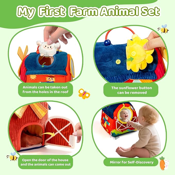 brenzo Barnyard Baby Toys 6-12 Months, 7-Piece Montessori Sensory Playset Babies 0-3, Tummy Time Companion w/ 6 Farm Animals, Rattle, Crinkle, Squeaker & Mirror, Ideal Newborn Toddler Christmas Gift