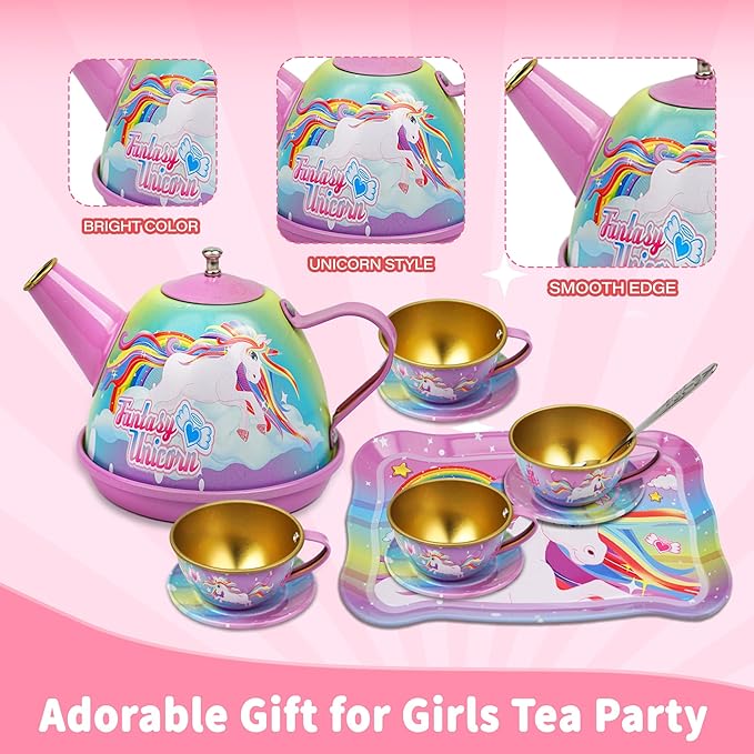 SMILESSKIDDO 46pcs Princess Tea Party Set for Little Girls - Kids Kitchen Pretend Play Toys - Toddler Tea Party Sets for Girls 3-5, Gift for 3 4 5 6 Girl(Unicron)