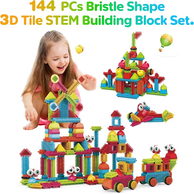Contixo 244 pcs Bristle Shape 3D STEM Building Toys, Construction Learning Stacking Educational Block, Creativity Beyond Imagination, Inspirational, Safe & Durable, Recreational Toy for Kids Ages 3-8 - Image 2