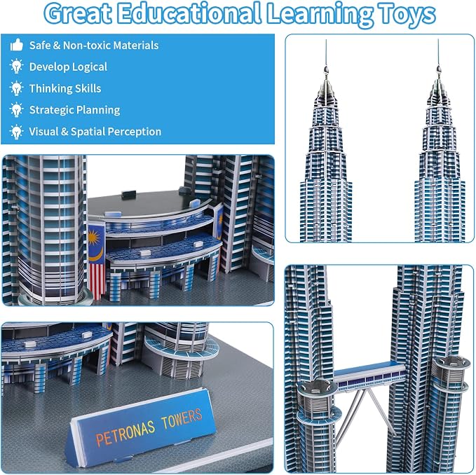 3D Puzzles for Adults & Kids, Petronas Twin Towers City Architecture Building Model Kit, 3-D Jigsaw Puzzles DIY STEM Desk Toys Christmas Birthday Gift for Hobbyist Teens Boys Girls 10-12-14, 130 PCS - Image 3