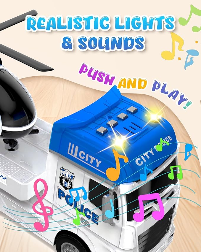 Toddler Boy Toys for 3 + Year Old, Large Semi Truck Toy with Racing Car and Helicopter Toy， Police Car Toy, Birthday for Kids Child Over 3 Years Old, 25''