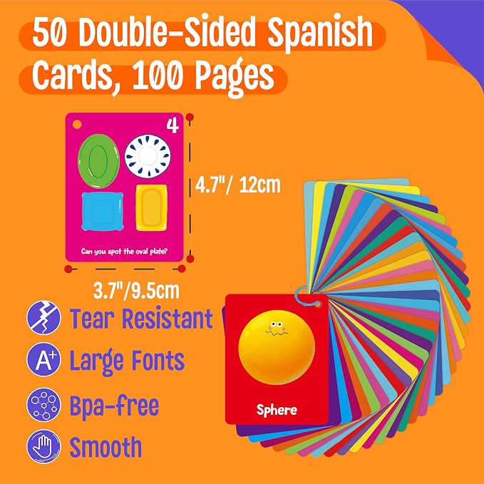 Color & Shape Flashcards, 50 Double-Sided Cards (30 Colors & 20 Shapes) Colorful Cards Educational Learning Tools for Preschool and Toddlers (3 Reclosable Rings Attached) - Image 2