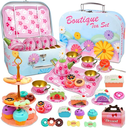SMILESSKIDDO 46pcs Princess Tea Party Set for Little Girls - Kids Kitchen Pretend Play Toys - Toddler Tea Party Sets for Girls 3-5, Gift for 3 4 5 6 7 8 Girl(Flower)