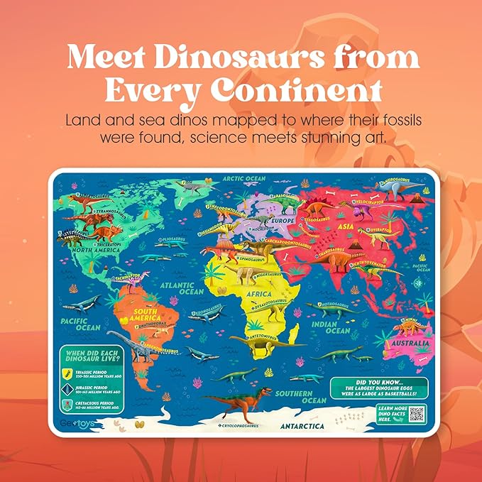Geotoys Dinos of The World Jigsaw Puzzles for Kids - Dinosaur Jigsaw Puzzle for 5+ Year Old - 250 Piece Puzzles for Kids - Educational Dinosaur Puzzle Gifts for Dino Lovers - Made in USA