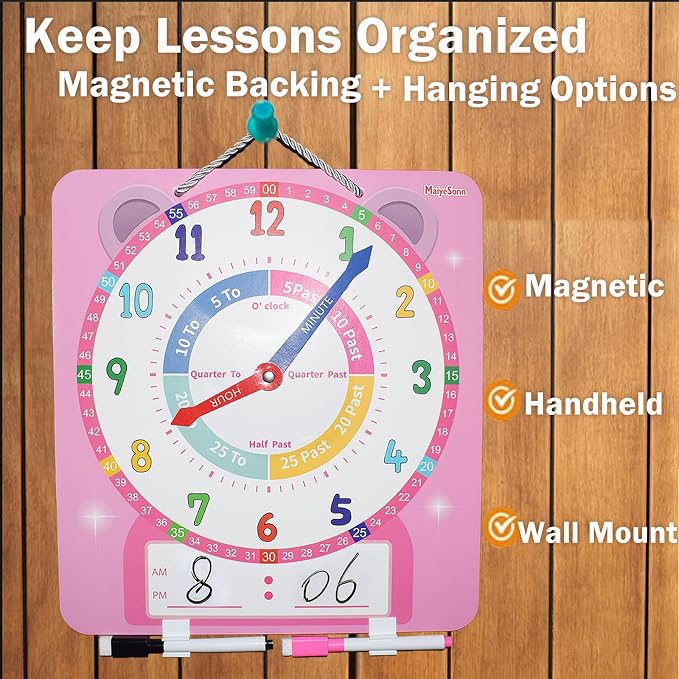 Teaching Clocks for Kids, Large Magnetic Writable Dry Erase Learning Clock with Pen,12" Teaching Demonstration Clock Learning Time to Tell Time for Kids Home School Classroom Supplies-Pink - Image 5
