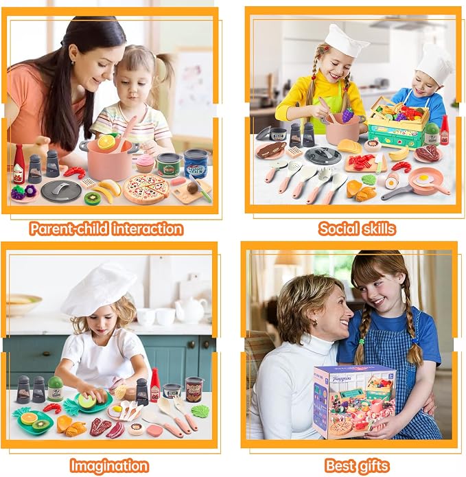 80pcs Pretend Play Kitchen Set for Toddlers, Kids Cookware Playset with Pots/Pans/Food/Fruits/Vegetables/Picnic Blanket/Storage Basket, Pink Educational Learning Toy Gift for Boys & Girls - Image 7