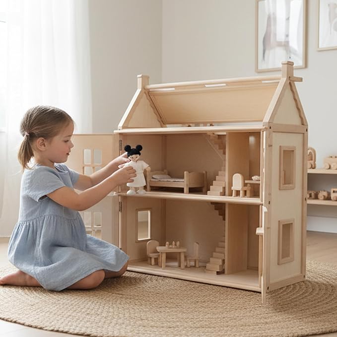 PlanToys® Wooden Girl Dollhouse Figure - Fair Skin Tone | Poseable 1:12 Scale Dollhouse People | Montessori Pretend Play Doll with Bendable Arms & Legs | Eco-Friendly Wooden Figurine for Kids