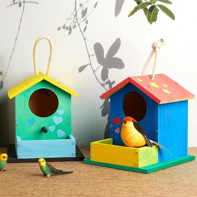 Liliful 12 Pack Wooden Birdhouse Kit DIY Bird House with Paint and Paintbrushes Art and Crafts Painting Kits for Boys Girls Adults Build Paint Classroom Birthday Indoor Outdoor Craft