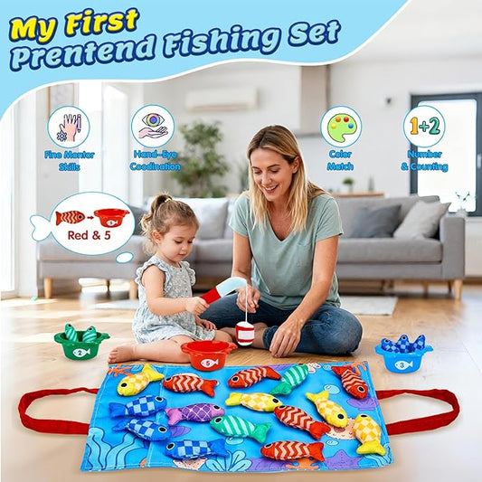 Montessori Toys for 1 Year Old Boy Girl Birthday Gift- Cloth Fishing Game for Toddler1-3 for Grandkids with Stacking Cups Learning Educational Toys Baby Toys 12-18 Months