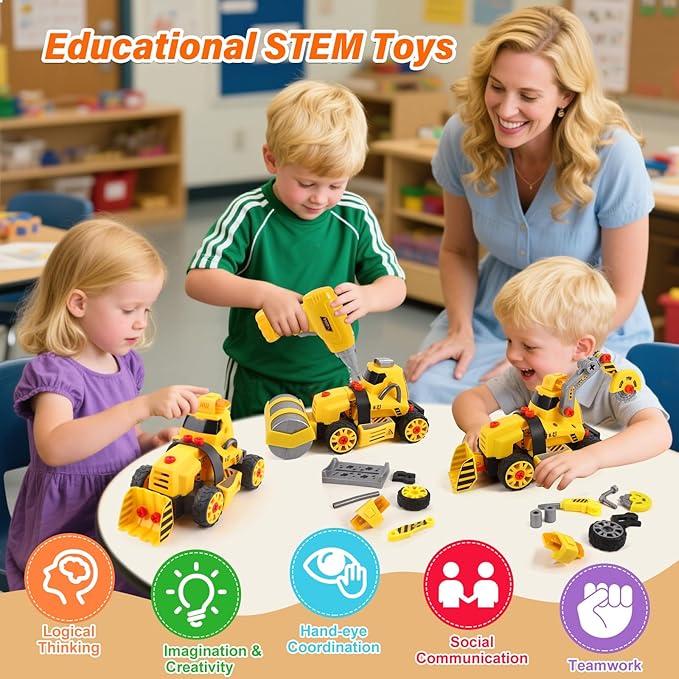 Construction Toys for 3 4 5 6 7 8 Year Old Boys 9 in 3 Take Apart Toys with Electric Drill Take Apart Truck Set DIY Engineering Building Toy Push & Go STEM Toy Gift for Boys Toys Age 6-8
