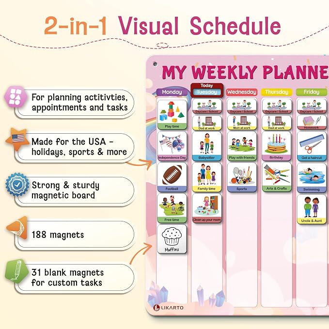 LIKARTO Visual Schedule for Kids - 2-in-1 Weekly + Daily Schedule - Magnetic Schedule with 188 Magnets and Magnetic Backing - Chore Chart Kids - Routine Chart for Toddlers, Autism, ADHD - Pink - Image 2