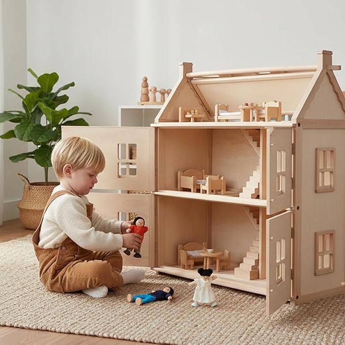 PlanToys® Wooden Dollhouse Family Set – Fair Skin Tone | 4 Poseable 1:12 Scale Doll House People | Montessori Pretend Play Figurines | Eco-Friendly Sustainable Wooden Toy for Kids
