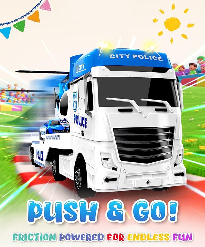 Toddler Boy Toys for 3 + Year Old, Large Semi Truck Toy with Racing Car and Helicopter Toy， Police Car Toy, Birthday for Kids Child Over 3 Years Old, 25''