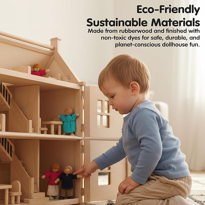 PlanToys® Wooden Dollhouse Family Set– Light Skin & Blonde Hair| 4 Poseable 1:12 Scale Doll House People | Montessori Pretend Play Figurines | Eco-Friendly Sustainable Wooden Toy for Kids