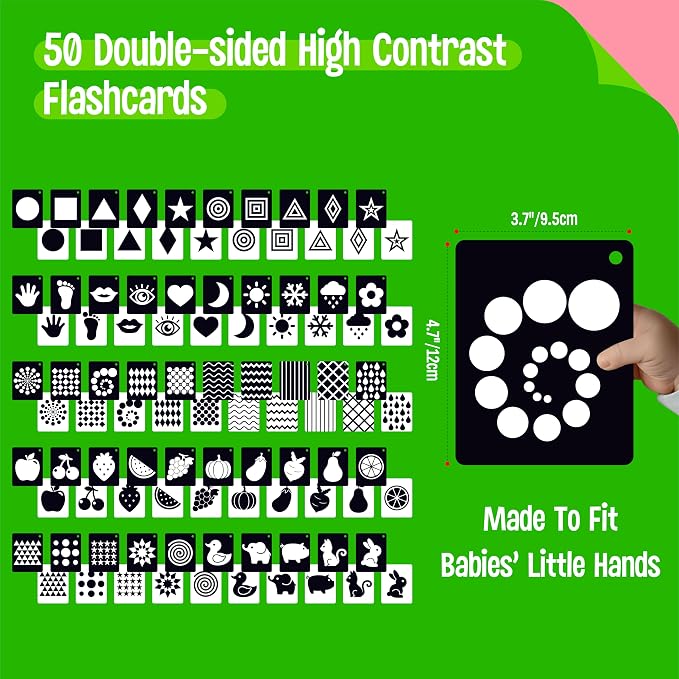 50PCS High Contrast Baby Flashcards, 100 Pages Black & White Visual Stimulus Flash Cards, Brain Development Cards Set Montessori Sensory Toys for Infants Newborn Boy Girl Baby Tummy Time (0-3 Months) - Image 3