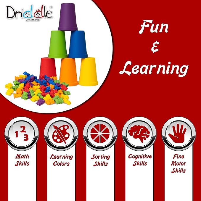 Driddle Colorful Counting Bears with Matching Cups - 60 Bears - Sort, Count & Color Recognition Learning Toy for Toddler & Kids - Montessori Education - Preschool Game - Image 2