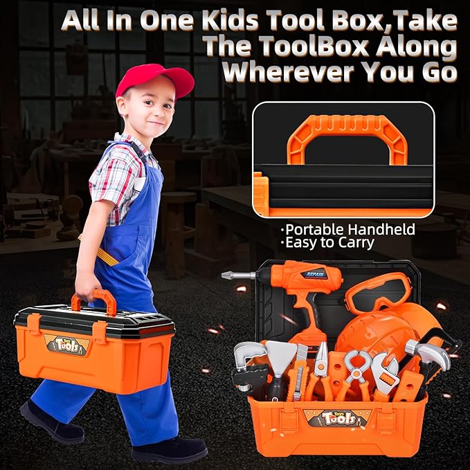 ‌Realistic Kids Drill Tool Set with 48PCS Tools & Sound Effects, Portable Construction Toy for Toddlers Ages 3+ with Safety Gear, STEM Learning Pretend Play for Family Bonding Activities