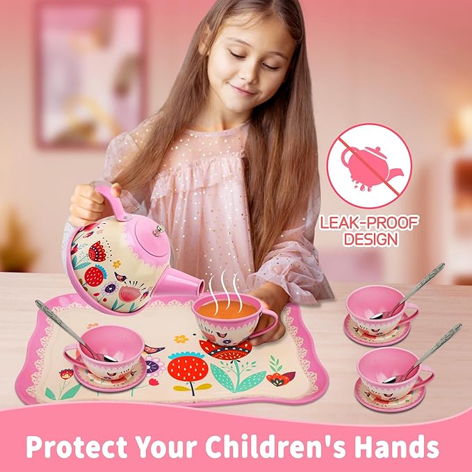 SMILESSKIDDO 46pcs Princess Tea Party Set for Little Girls - Kids Kitchen Pretend Play Toys - Toddler Tea Party Sets for Girls 3-5, Gift for 3 4 5 6 Girl(Garden)