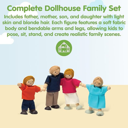PlanToys® Wooden Dollhouse Family Set– Light Skin & Blonde Hair| 4 Poseable 1:12 Scale Doll House People | Montessori Pretend Play Figurines | Eco-Friendly Sustainable Wooden Toy for Kids