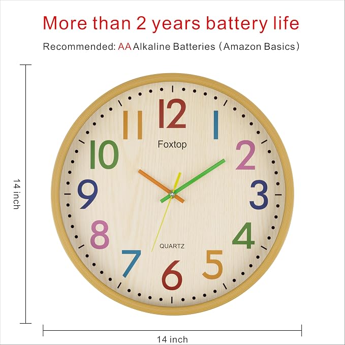Foxtop 14 Inch Kids Wall Clock Silent Non-Ticking Battery Operated Colorful Childrens Wall Clock for Classroom Playroom Nursery Bedrooms Kids Room School - Image 2
