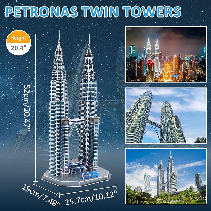 3D Puzzles for Adults & Kids, Petronas Twin Towers City Architecture Building Model Kit, 3-D Jigsaw Puzzles DIY STEM Desk Toys Christmas Birthday Gift for Hobbyist Teens Boys Girls 10-12-14, 130 PCS - Image 2