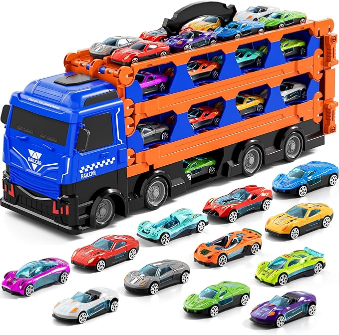 Transport Truck with 24pcs Die-Cast Cars Toys, Cars Toddler Toys Gifts for 2 3 4 5 6 7 Years Old Boys Girls
