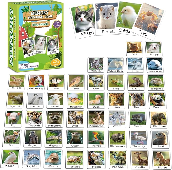 gisgfim 100 PCS Memory Matching Game Animal Babies Concentration Memory Card Educational Game for Kids Adults A Fun & Fast Baby Animals Game Toddlers Preschool Family Board Gift Matching Games by gisgfim