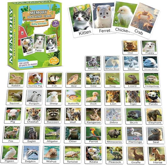gisgfim 100 PCS Memory Matching Game Animal Babies Concentration Memory Card Educational Game for Kids Adults A Fun & Fast Baby Animals Game Toddlers Preschool Family Board Gift Matching Games by gisgfim