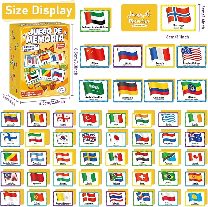 gisgfim 100 PCS Juego de Memoria de Banderas del Mundo en español para niños y adultos Flags of the World Memory Matching Games in Spanish Educational Matching Game Fun Fast Memory Game Gift Learning - Image 2