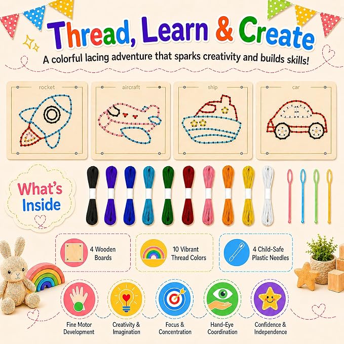 Montessori Wooden Lacing Toys for Toddlers and Kids Ages 2-4 5-7, Sewing Kit Fine Motor Skill Busy Board, Education Sensory Preschool Toy for 1 2 3 4 Year Olds, Birthday Gift for Boys and Girls - Image 4