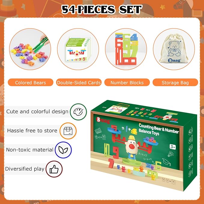 Bmag Balance Counting Toys with Bears Counting Scale for Kids – 3 in 1 Stacking & Balancing Math Game, Montessori STEM Learning Educational Toy for Ages 3-5, Gift (30 Bears, 10 Numberblocks) - Image 4