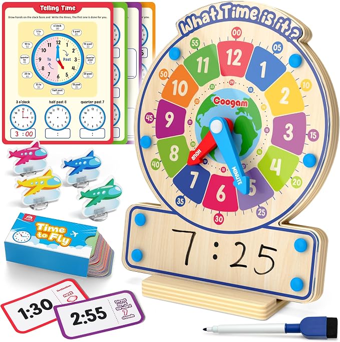 Coogam Wooden Clock Teaching Time Toy, Analog Digital Clock with Fly-Telling Time Board Game, Montessori Time Learning Educational Toy for 3 4 5 Year Old Homeschool Classroom Kids by Coogam
