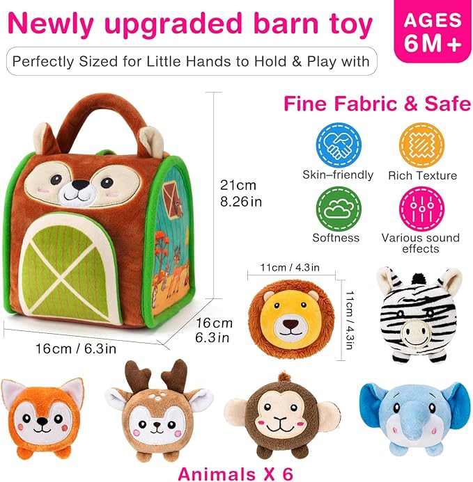 Montessori Sensory Toys for Babies 6-12 Months & Toddlers 1-3 Year Old - Educational Stuffed Animal Set with Rattle, Crinkle & Safe Mirror for Baby Kids & Boy Girl