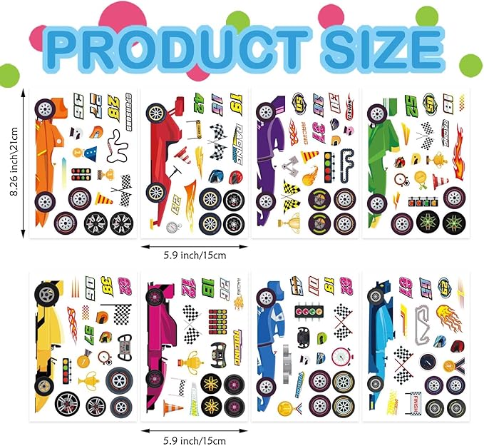 24 Sheets Make Your Own Race Car Stickers, Sporty Racing Car Stickers for Kids, Racing Gifts Party Favors Birthday Decorations, Classroom Teacher Reward Craft